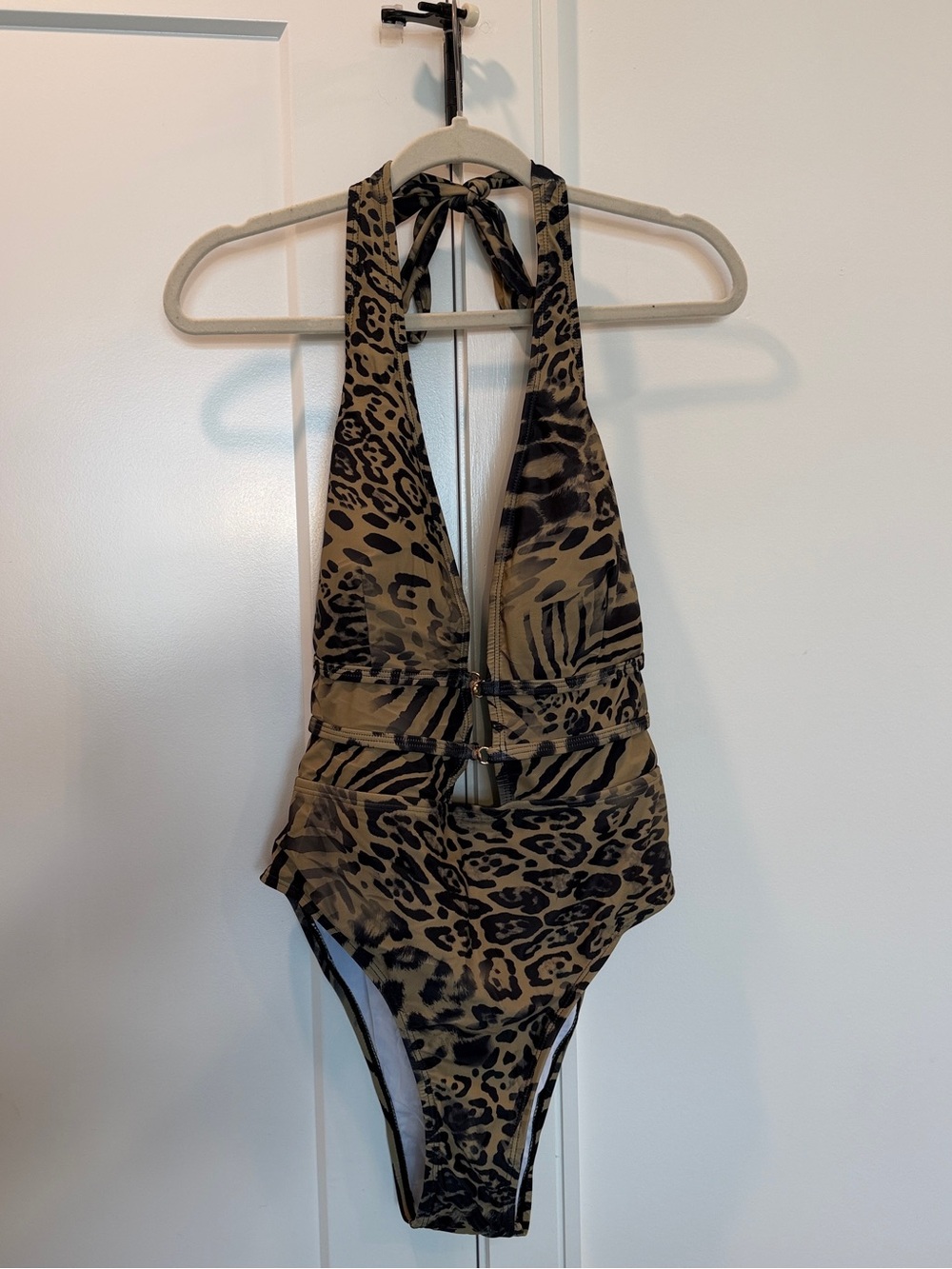 Leopard Print Halter One-Piece Swimsuit - Khaki Green